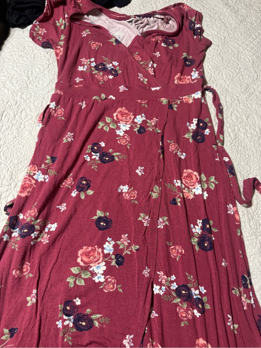 SO Floral Wrap Midi Dress in Burgundy with Pink and Navy Blooms